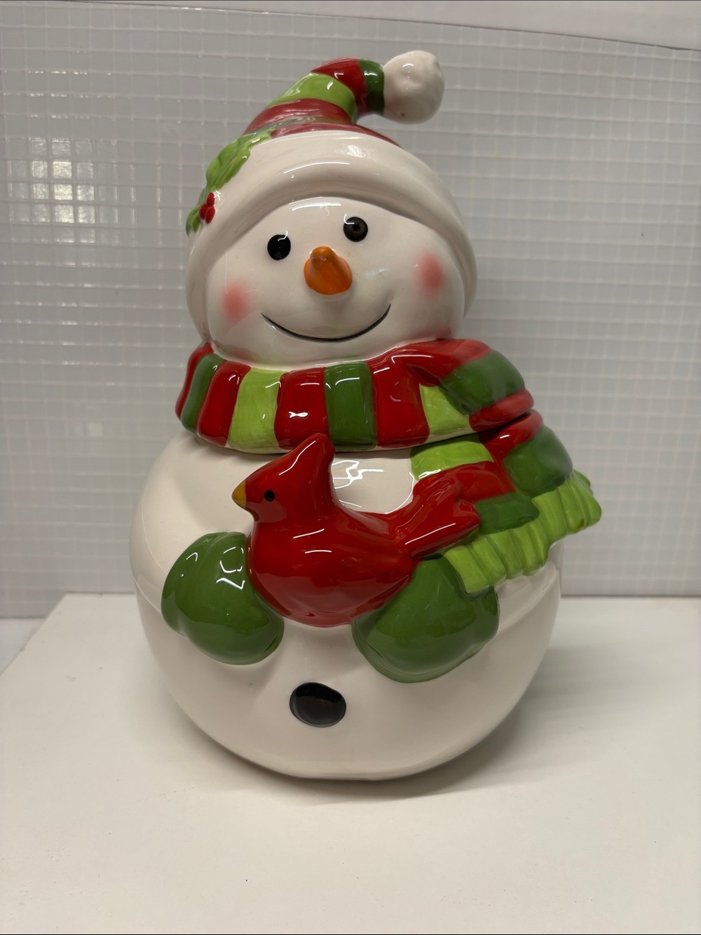 White Snowman Cookie Jar with Red Cardinal and Green Scarf